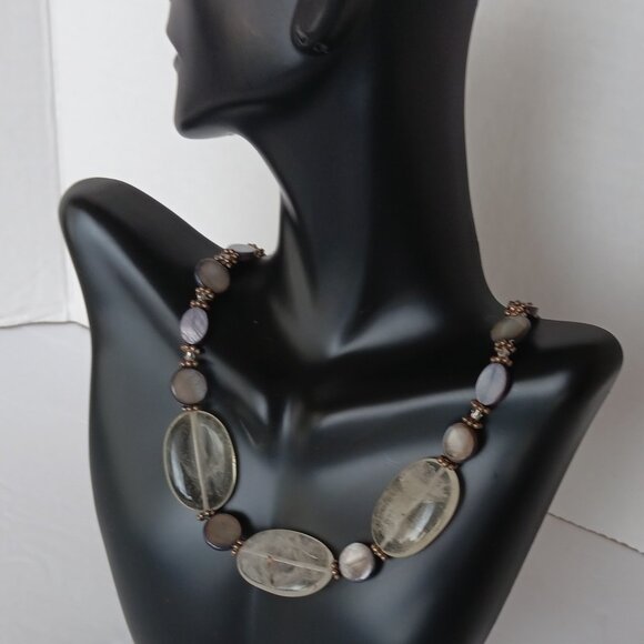 Handmad Grey & Black Necklace with Marbled Beads & Cloudy Agate Ovals 23 inches - Picture 3 of 16
